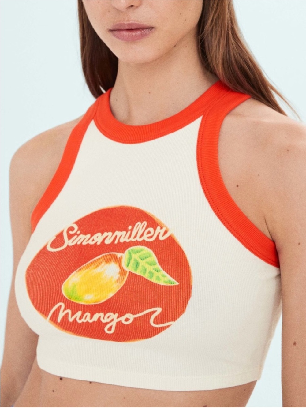 Simon Miller x Mango Cream Crop Tank with Bright Orange Trim and Mango Graphic